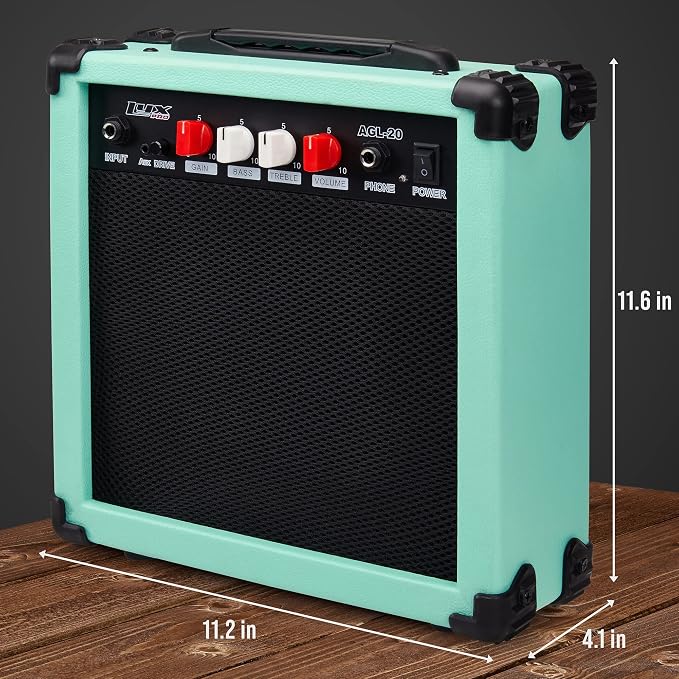 LyxPro Electric Guitar Amp 20 Watt Amplifier Built in Speaker Headphone Jack and Aux Input Includes Gain Bass Treble Volume and Grind - Green
