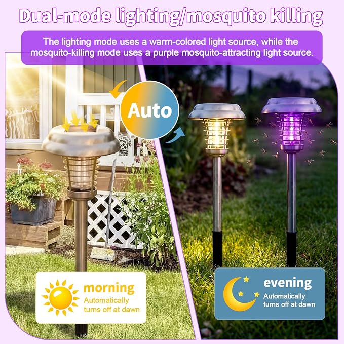 4 Pcs Solar Bug Zapper Outdoor Waterproof Mosquito Repellent Light Solar Power Fly Killer Lamps for Moths, Gnats, Fly, Small Flying Insect Backyard Garden Lawn (Stainless Steel,Purple & Warm Light)