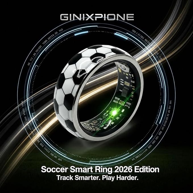 Smart Ring for Women & Men, Soccer Inspired Design, Fitness & Vital Signs Monitoring, Sleep Tracker, Remote Photography, No Subscription(Black,7#)
