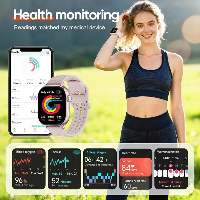 2026 Distance & Pace GPS Running Watch for Runners - Call & Text, AMOLED Large Screen, 50m Waterproof Swimming, Calorie & Step Counter, 2 Bands, Long Battery, for Seniors Men Women (Pink)