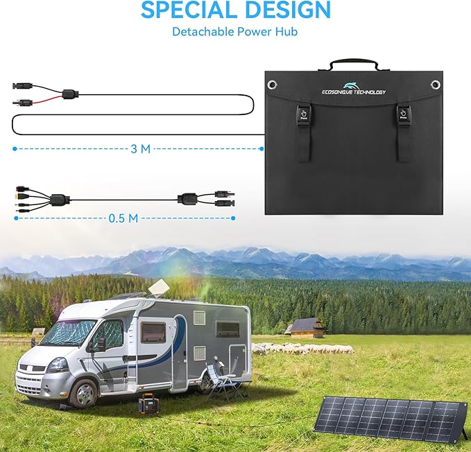 Ecosonique 200W Portable Foldable Solar Panel MC4 Output for Power Station | Lightweight, Waterproof, CPC, XT60, DC, USB-C PD3.0, USB-A QC3.0 Multi-Output for Solar Generators, RVs, Camping, Outdoor Use