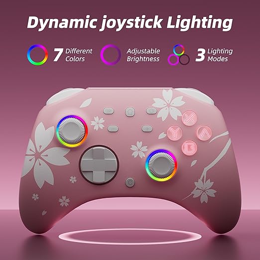 Mytrix Wireless Controllers for Switch/Switch 2, Windows PC iOS Android Steam/Steam Deck, Sakura Pink Bluetooth Controller with Programmable, Hall Effect Joysticks, Adjustable LED Light/Turbo/Vibration