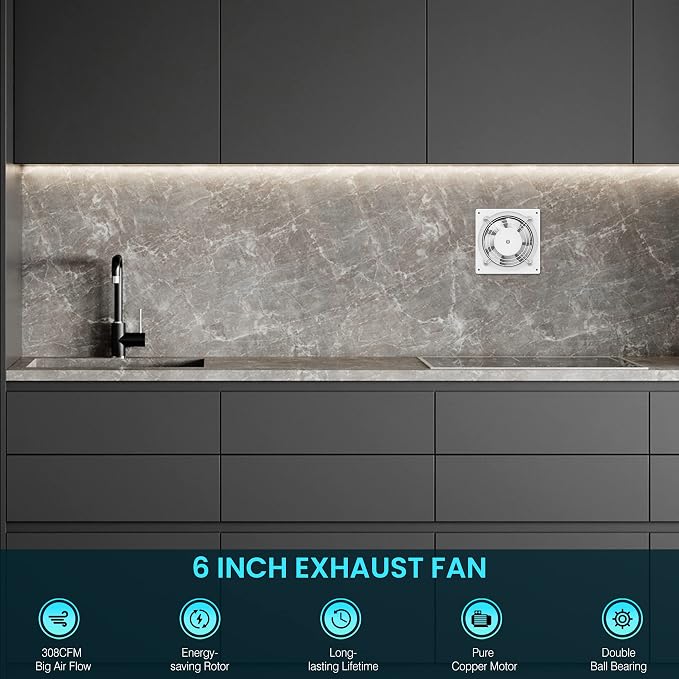 HG Power 6 Inch Exhaust Fan with Speed Controller, 308CFM Wall Exhaust Fanfor Kitchen, Bathroom, Metal Extractor Fan for Pet Room, Smoking Room, Attic, Garage, Window Ventilation