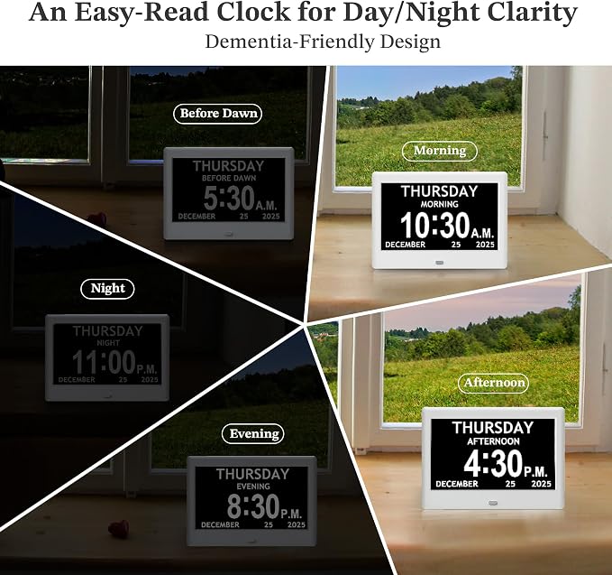 7'' Dementia Clock For Seniors, Large Display Digital Clock With Date, Time, Day Of Week for Elderly, Alzheimer, 1024*600P HD, 10 Reminders & 8 Alarms, Auto Dimming & DST, Remote Control, White