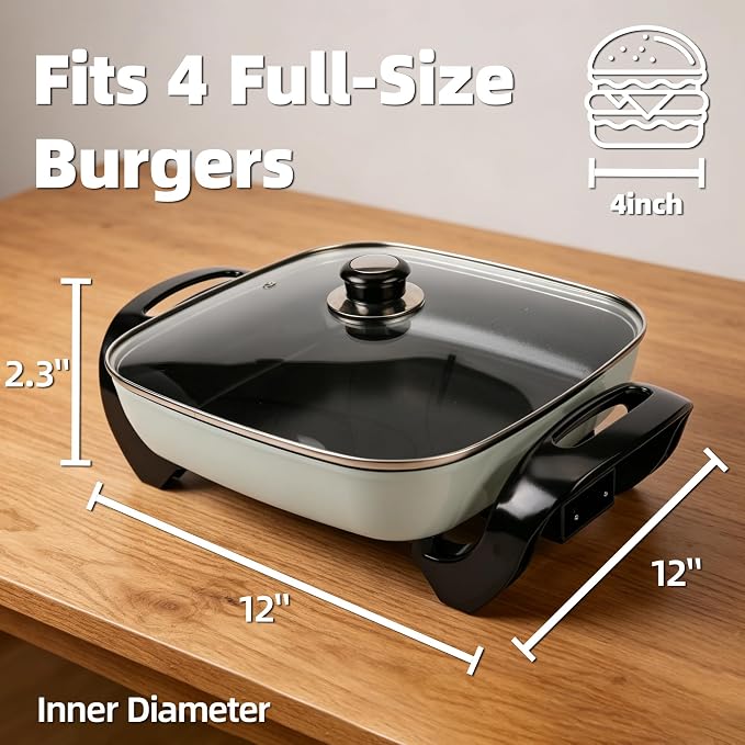 12" Ceramic Nonstick Electric Skillet with Tempered Vented Glass Lid, Scratch-Resistant Surface, Cool-Touch Handles, Removable Easy-to-Clean Design, 1200W, Vibrant Green