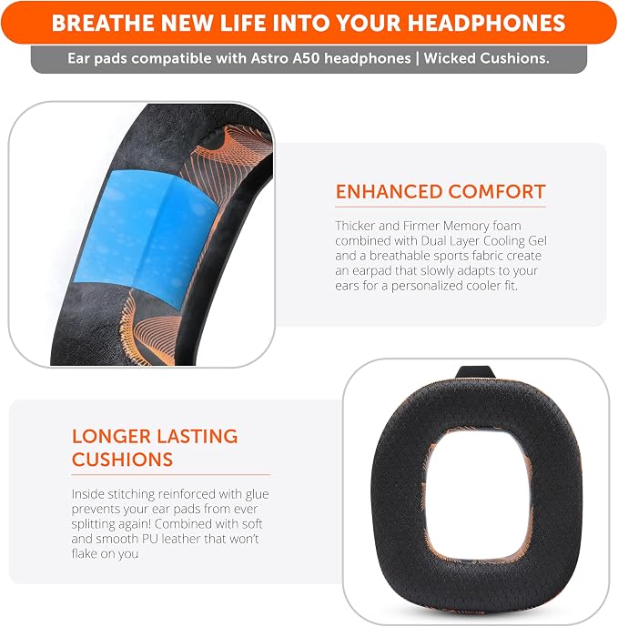 WC Freeze A50 - Cooling Gel Replacement Earpads for Astro A50 Gen 4, Gen 5 and A50X Only, Made by Wicked Cushions, Improved Durability, Thickness and Sound Isolation | Kinetic Wave