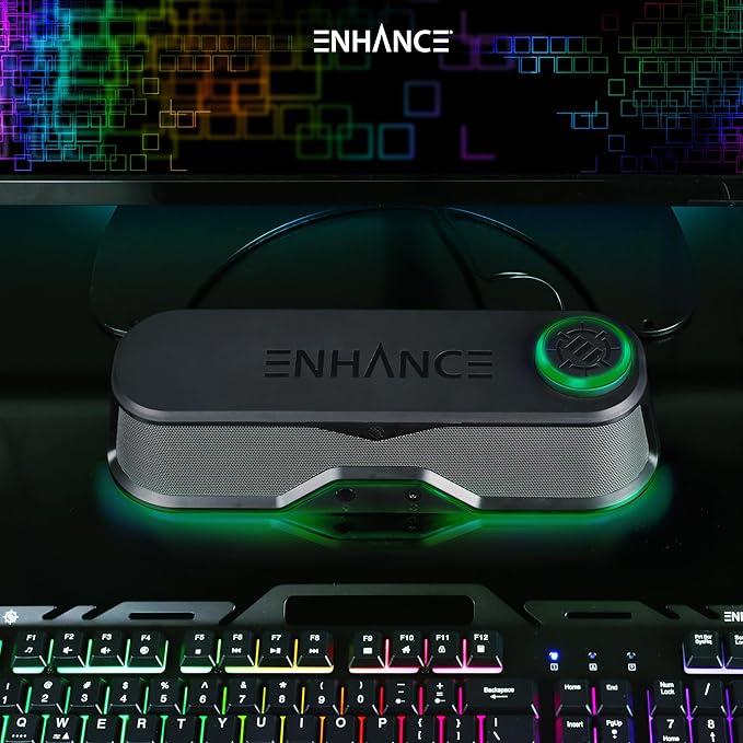 ENHANCE SB1 High Excursion Computer Soundbar - USB Powered Computer Speaker, Under Monitor Speaker with 10W Peak, LED Volume Control Knob, Headset Pass Through, Gaming Soundbar for PC