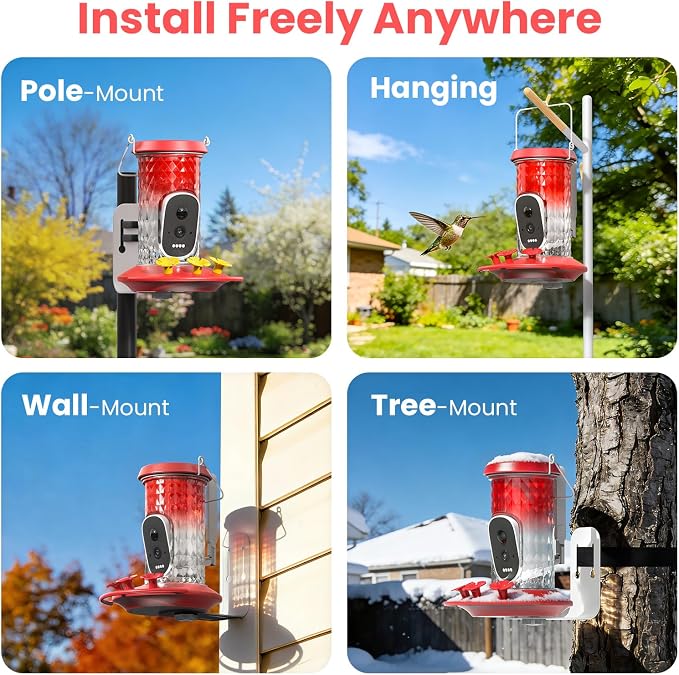 Smart Hummingbird Feeder Camera with AI Identification, 2.5K HD & Color Night Vision, Solar Powered Outdoor, IP66 Weatherproof – Garden Decor & Premium Gift