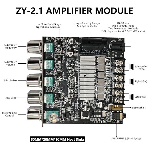 Bluetooth 5.1 Audio Amplifier Board,200W HiFi 2.1 Channel Mini Subwoofer Power Amp Module with Treble & Bass Control with AUX Input,Audio Amp Board for Home DIY Wireles Speaker(with Power Cord)