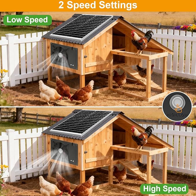 25W Solar Exhausted Fan with Battery, 2 Wind Speed, IP65 Waterproof 7.1" Solar Powered Ventilation Fan for Chicken Coop, Greenhouse, Shed and Dog House