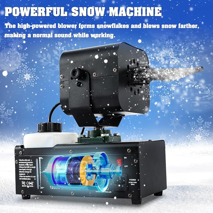 Snow Machine 1200W Snow Making Machine, Moving Head Snow Maker, Snowflake Maker with Wired Control Wireless Remote Adjustable Snow Size for Christmas Wedding Party Photography Parade Stage