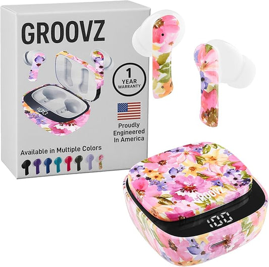 Groovz True Wireless Earbuds with Charging Case - Designed and Engineered in The USA - IPx4 Water Resistant Bluetooth Earbuds Compatible with Apple and Android - 27Hrs Battery Life - Floral