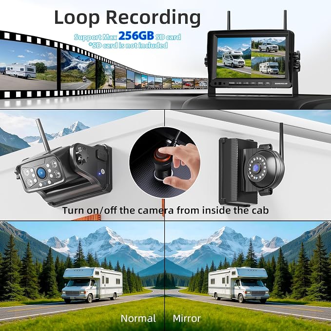 ZEROXCLUB Magnetic Wireless Backup Camera: 7" HD 1080P DVR Monitor with 1 Rear View, 2 Side View Cameras, IR Night Vision, Portable Rechargeable Camera for RV/Trailer/5 Wheels/Camper BC703