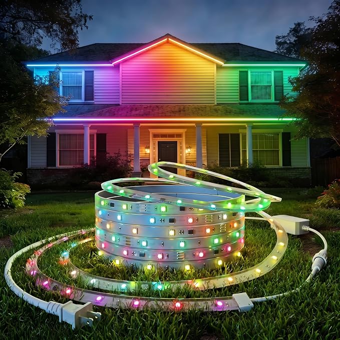 DeckTok Outdoor LED Strip Lights RGB, 32.8ft Smart LED Outdoor Lights with Alexa Google Assistant, App Control, Music Sync, Timer, IP67 Waterproof Light Strip for Balcony, Roof, Patio, Pool Decor