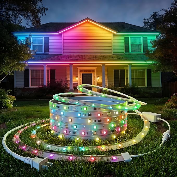 DeckTok RGB LED Strip Lights Outdoor, 65.6ft Smart LED Outdoor Lights with Alexa Google Assistant, App Control, Music Sync, Timer, IP67 Waterproof Light Strip for Balcony, Roof, Garden, Pool Decor