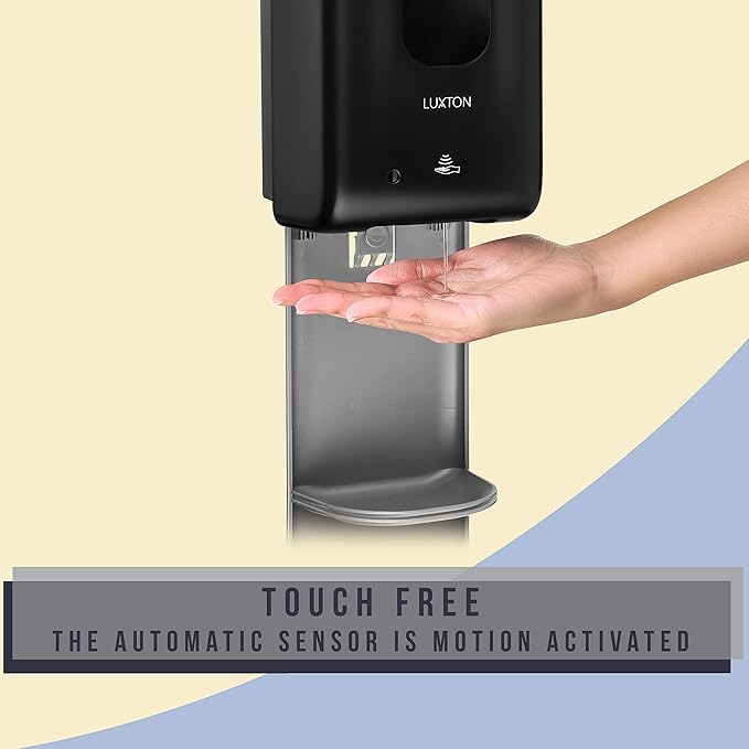 Luxton Automatic Hand Sanitizer Dispenser - Sanitizing Station, Steel Floor Stand, Drip Catcher Dish - Touchless Auto Sensor, Refillable 1200ml Bottle - Portable, Easy Set Up, Battery-Operated Machine