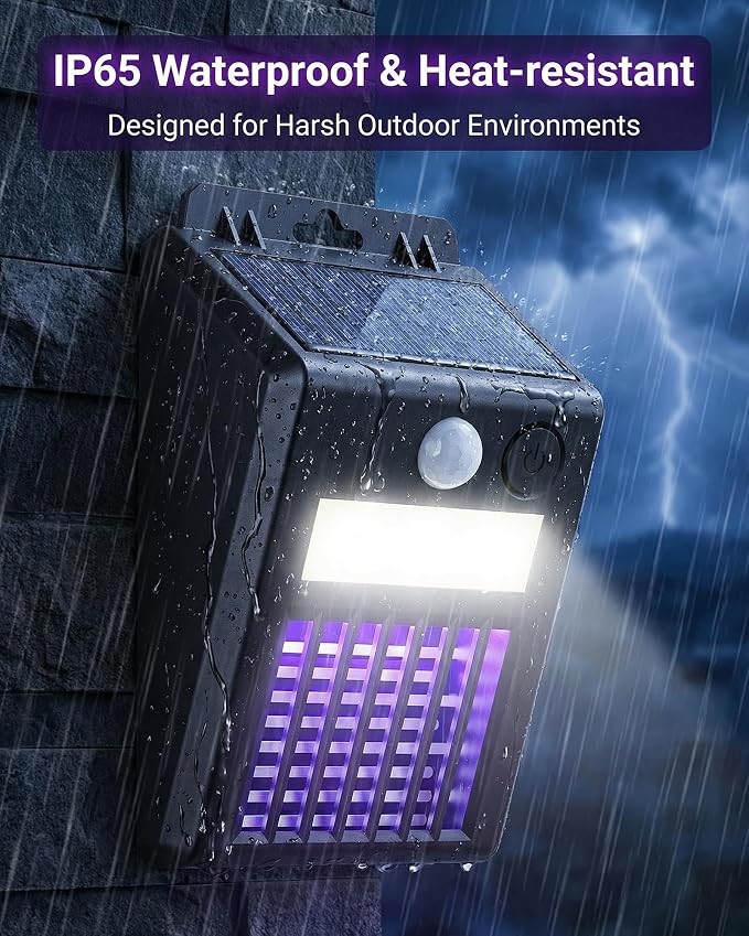 Solar Bug Zapper Outdoor - 2-in-1 Waterproof Cordless Mosquito Zapper with 3 Modes, Motion Sensor Light & UV Light, Rechargeable Mosquito Killer Lamp for Patio Yard Garden (Black)