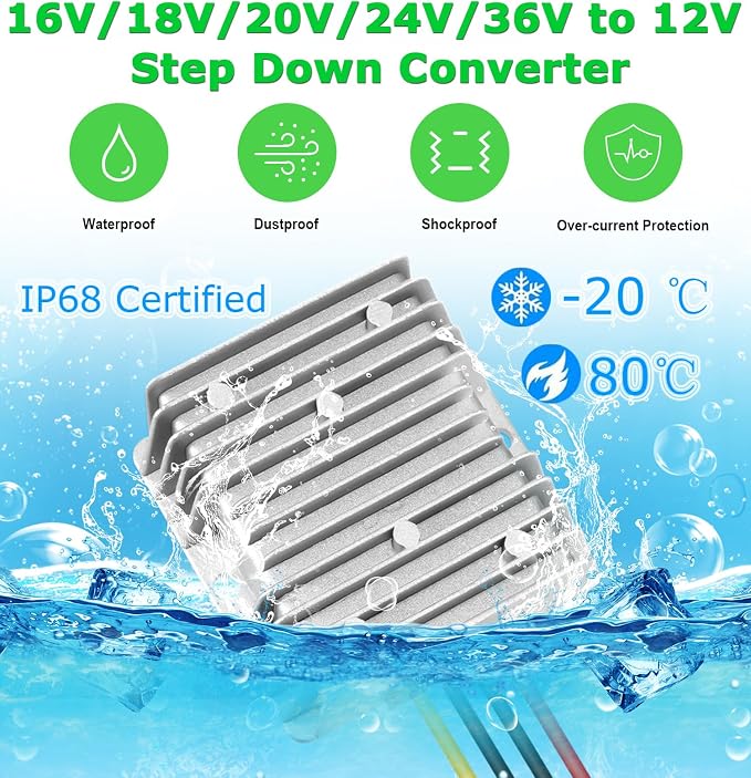 DC 8-40V to 12V Converter 6A 72W Step Down Converter Voltage Reducer IP68 Waterproof Transformer for Golf Cart Truck Boat Vehicle