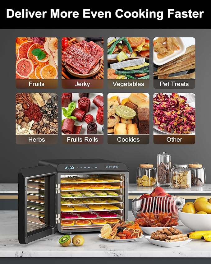 CROWNFUL Food Dehydrator Machine, 7 Stainless Steel Trays, Large Drying Space Dehydrated Dryer, Adjustable Timer and Temperature Control, Dryer for Jerky, Fruit, Meat, Herbs, 30+ Free Online Recipes
