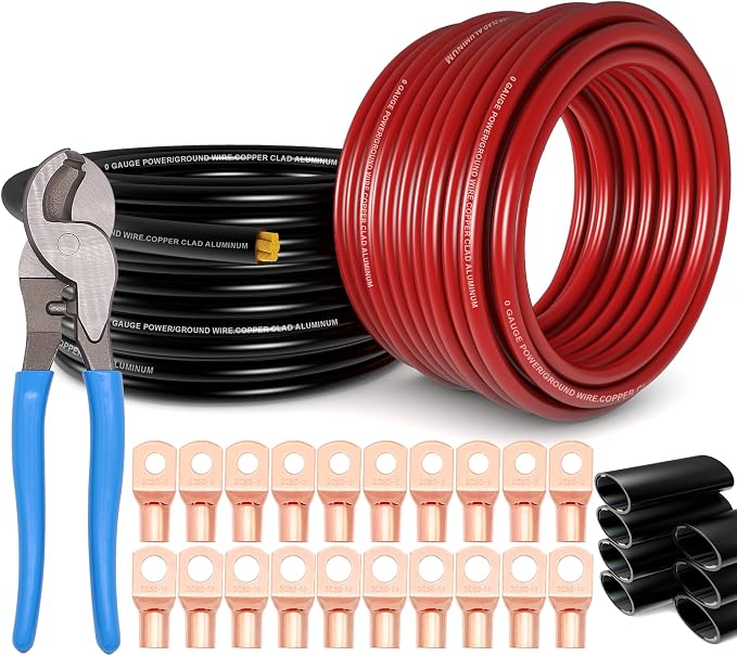 1/0 Gauge Wire(20ft Each - Red/Black) Copper Clad Aluminum CCA - Primary Automotive Wire,Car Amplifier Power & Ground Cable with 10-in Cable Cutter for Car Stereo,Solar, Auto, RV Trailer & Marine