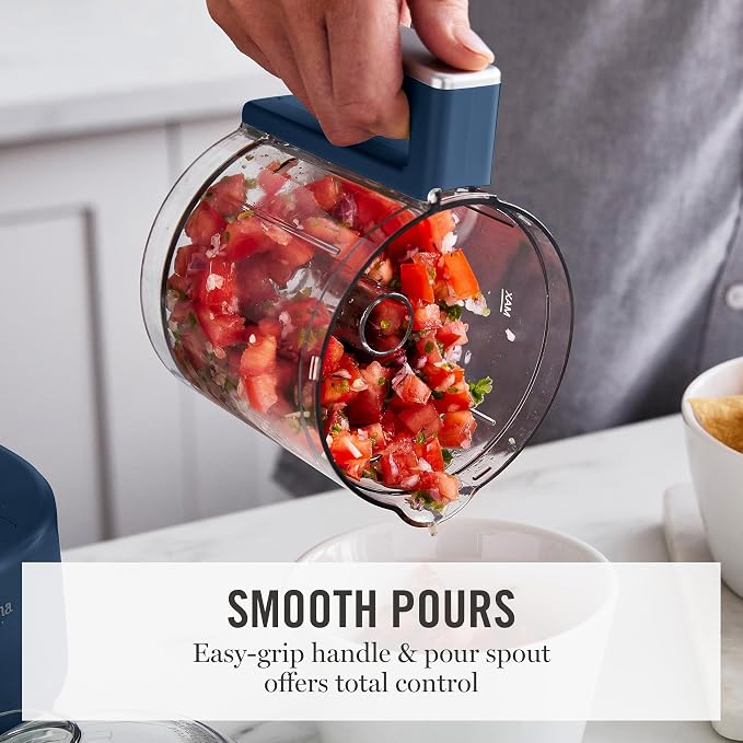 Martha Stewart 3 Cup Electric Food Chopper, Vegetable & Herb Mini Food Processor, 24oz BPA-Free Bowl, Stainless Steel Blades, Pour Spout, Dicing, Mincing, Chop & Puree, Dishwasher Safe, Indigo Blue