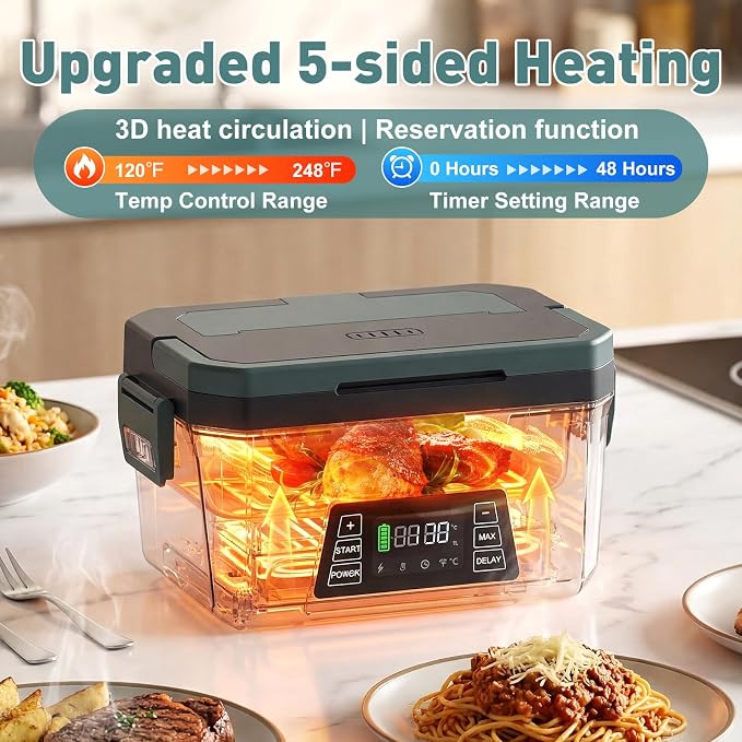 Cordless Electric Lunch Box for Adults, APP Control Heated Lunch Box for Men, 18000mAh Battery Powered Portable Food Warmer w/ Timer, Auto Heating 5-side Rechargeable 248°F for Work/Outdoor/Gifts