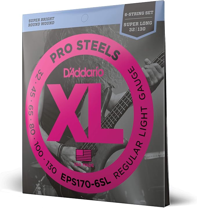 D'Addario XL ProSteels Bass Guitar Strings - EPS170-6SL - 6 String - Super Long Scale - Regular Light, 32-130