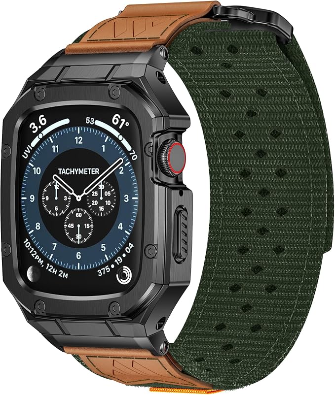 BAITEYOU Band with Case Compatible with Apple Watch Band 45mm Series 9 8 7, Nylon Strap with Stainless Steel Metal Rugged Case Cover for iwatch Bands for Men