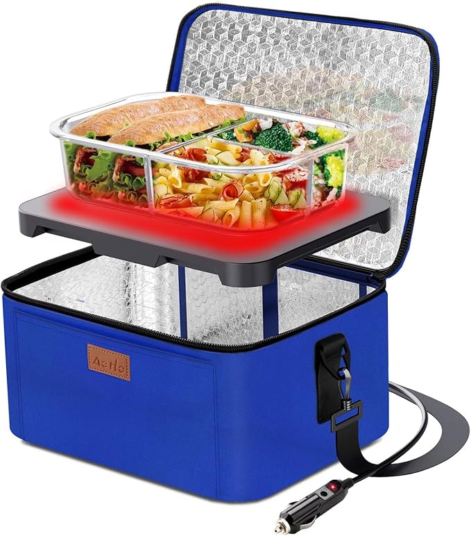 Aotto Heated Lunch Box Food Warmer - 12V/24V 2-in-1 Car Food Warmer with Vehicle Plug - Mini Portable Electric Lunch Box Heater for Men and Women - Reheat & Keep Meals Warm On the Go - Blue