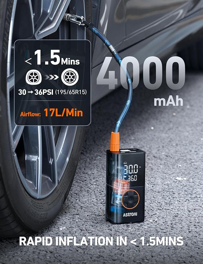 AstroAI L7 Tire Inflator Portable Air Compressor,150 PSI Cordless Mini Air Bike Auto Shut-Off Pump with Digital Display Pressure Gauge, Fast Inflation & LED Light for Car Tires,Motorcycles,Bikes,Balls