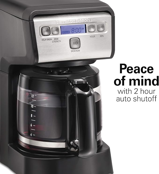 Hamiton Beach 12 Cup Compact Programmable Drip Coffee Maker with No-Drip Burosilicate Glass Carafe, 2-Hour Auto Shutoff, Space-Saving Design, Black with Stainless Steel Accents (46200)