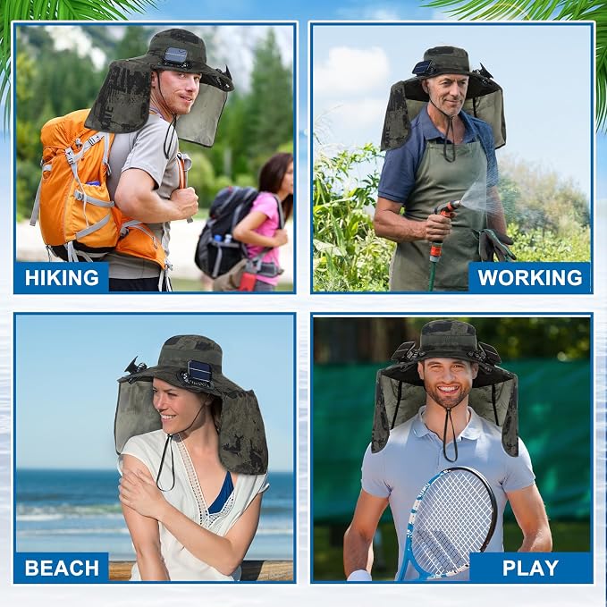 Chuarry Wide Brim Sun Hat with 2 Solar Fans and Neck Flap Outdoor Solar Powered USB Charging Bucket Fishing Hat for Men Women