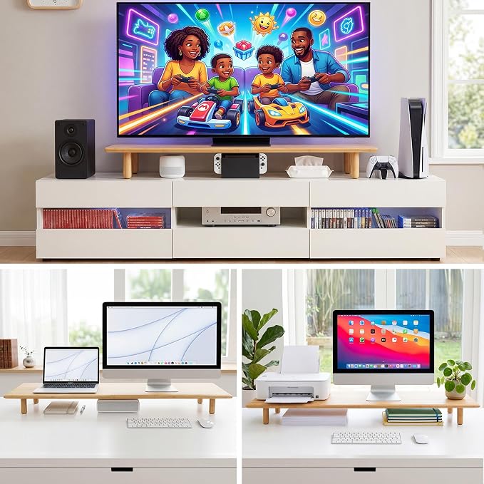 Bamboo Dual Monitor Stand Riser with Underneath Storage, Ergonomic Desk Shelf Supports PC Computer Monitor, Printer, TV for Home, Office, Natural