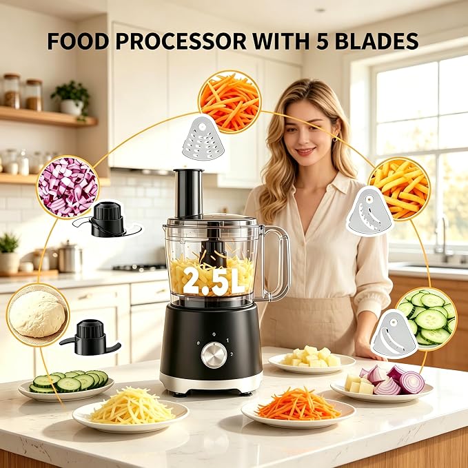 Simple Deluxe Food Processor 10.5 Cup, Multi-Functional Vegetable Choppers Food Grinder with Slicing Shredding Chopping Kneading, Suitable for Smoothie Fruit Dough, 2.6QT, Black
