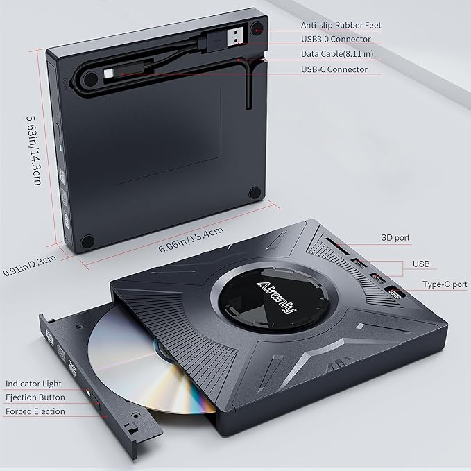 External CD/DVD Drive for Laptop/PC, USB 3.0 Type-C USB Portable Player for Computer CD DVD +/-RW Disk Drive CD Burner Writer Reader Compatible with Desktop Windows Apple (Multifunctional)