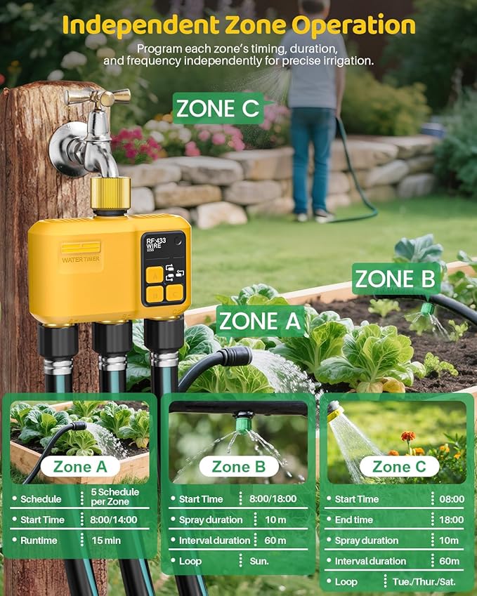 WiFi Water Timer 3 Zone for Garden Hose, Smart Sprinkler Timer with 984ft RF Range, Brass Inlet and Outlet, APP/Voice Control, Rain Delay, Automatic/Manual Irrigation