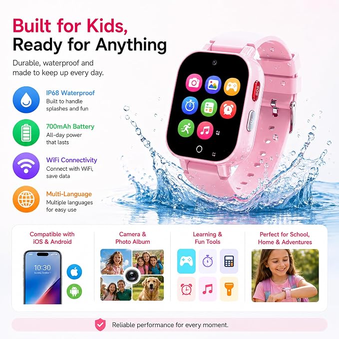 4G Kids Smart Watch with GPS Tracker, Video & Voice Call, SOS, WiFi, IP68 Waterproof, AI Smart Features, Parental Control Phone Watch for Boys Girls Age 4-12(SIM Card Included)