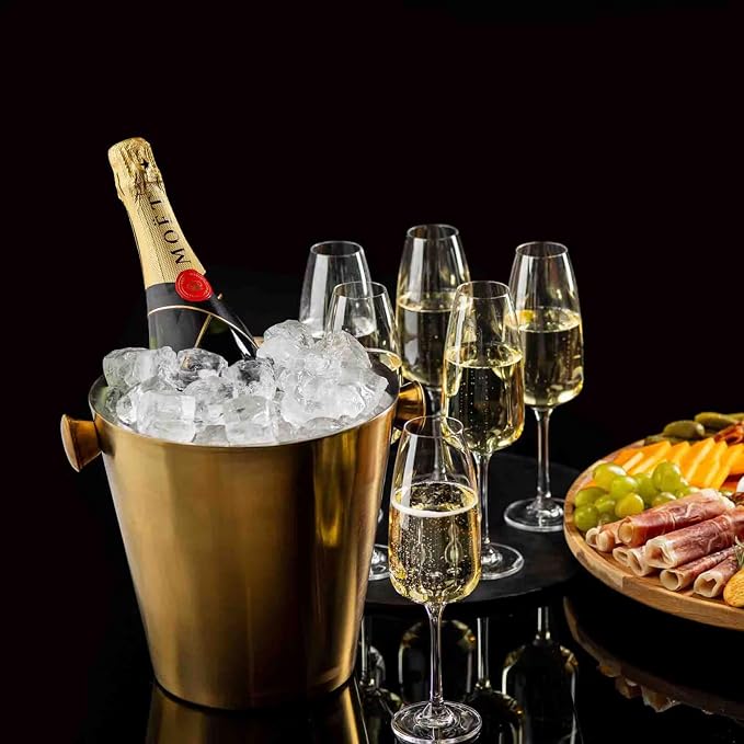 TableCraft 12931 Double Wall Wine Bucket with Knob Handles, 5 Quart Brushed Gold Stainless Steel Champagne Bucket, PVD Finish, Tapered Modern Design, Insulated Chilling Bucket for Bar or Tabletop
