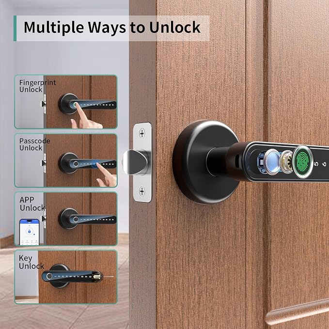 IRONZON Fingerprint Door Handle for Bedrooms - 191Y 4-in-1 Fingerprint Door Lock with Keypad and App Control, Smart Knob for Bedroom with Key, Keyless Entry Door Handle - Black