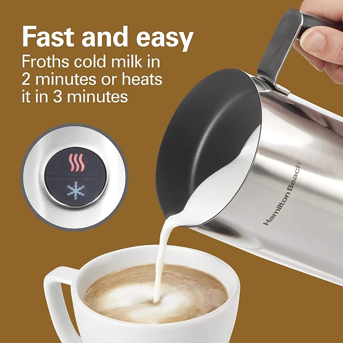 Hamilton Beach Electric Hot & Cold Milk Frother, Automatic Warmer & Steamer for Latte & Cappuccino, Stainless Steel (43560C)