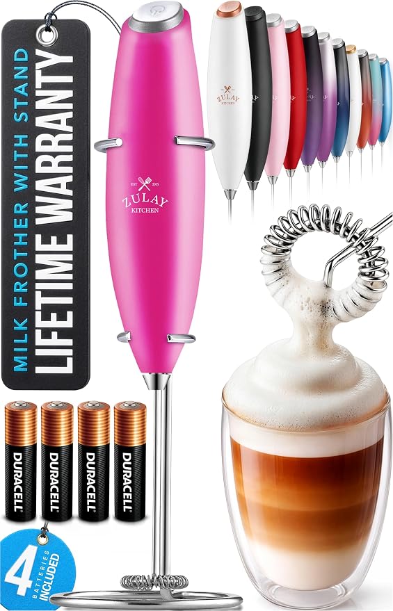 Zulay Kitchen Powerful Milk Frother Wand With Duracell Batteries - Ultra Fast Handheld Drink Mixer - Electric Whisk Foam Maker for Coffee, Lattes, Cappuccino & Matcha - Z1 Motor - Dragonfruit