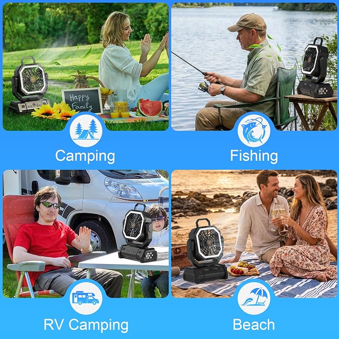 Portable Rechargeable Fan 20000mAh, Battery Powered Camping Fan with LED Light& Remote,4 Speeds Wind,USB,Cordless,Oscillating,Timer for Travel Tent,Rv Camping Essentials (Black)