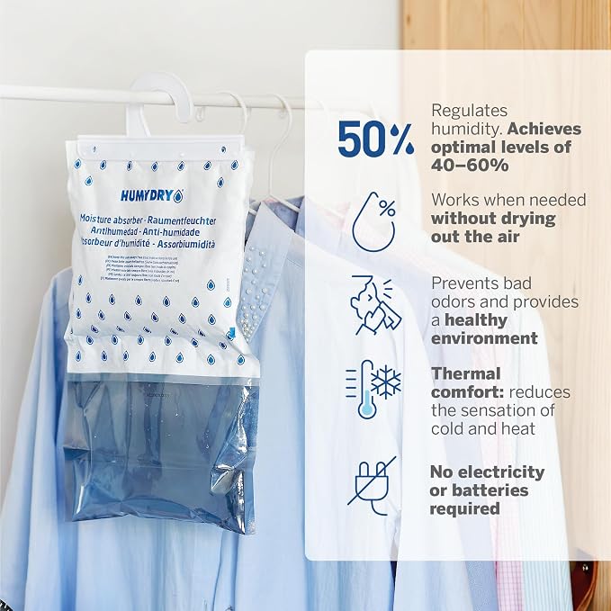 HUMYDRY Hanging Moisture Absorber for Closets, Pack of 6 Unscented 15.9 Oz Dehumidifier Bags, Each Bag Lasts 3 Months, Fights Summer Humidity, Non Electric for Wardrobes & Storage