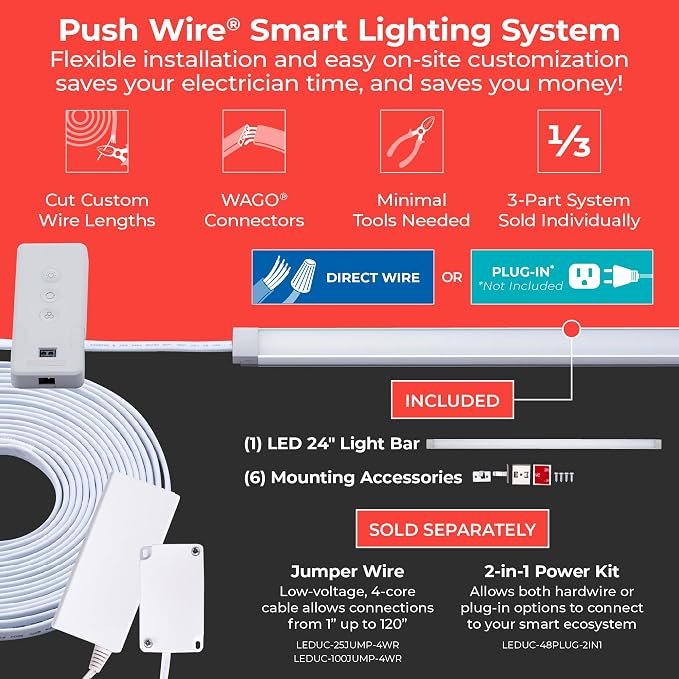 PureOptics LED Professional Push Wire® Under Cabinet Light Bar, Add-on, Plug-in or Hardwire Compatible, Adjustable White and RGB LED, for Utility Light, Closets, Garage, Pantry, (1) 24" Bar