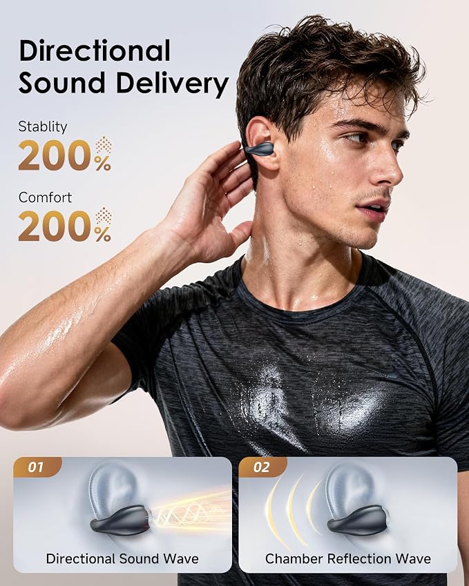 King Lucky Clip-On Earbuds,Comfort Air Cushion Open Ear Earbuds Wireless Bluetooth 6.0 Multipoint, Open Ear Headphones with Mic,Anti-Mistouch,45H Playtime for Sports,Small Ears&Sleep (Black)