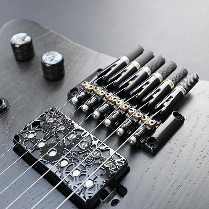 10.5mm Headless Electric Guitar Bridge All-Black Headless Bass Guitar Bridge Brass Saddles Zinc Alloy Plate Electric Guitar Bridge 6 String Headless Guitar Fixed Bridge
