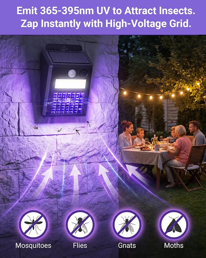 Solar Bug Zapper Outdoor - 2-in-1 Waterproof Cordless Mosquito Zapper with 3 Modes, Motion Sensor Light & UV Light, Rechargeable Mosquito Killer Lamp for Patio Yard Garden (Black)