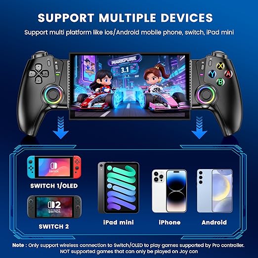 Mobile Gaming Controller for iPhone/Android/Switch 2/Switch/OLED/iPad Mini, Wireless Switch Controller One-Piece Joypad with Hall Effect Joysticks/Hall Triggers Support Xbox Cloud, Steam Link,Black
