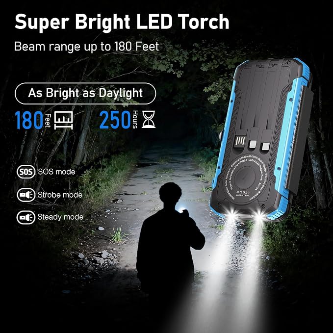 Solar Power Bank 20000mAh Portable Charger Built-in 3 Cables and Wireless Charging Battery Pack Compatible for iPhone, iPad, Bright 2 LED Flashlight Perfect for Camping (Orange and Blue)