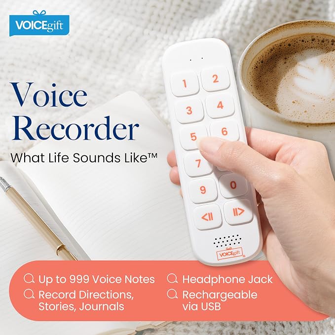 VOICEGIFT Play, 10 Hour Capacity Screen-Free Voice Recorder, Playback Tool, Portable Electronic Story Player with Speaker, Clip & Strap, Add Voice to Journals, Albums and Keepsakes